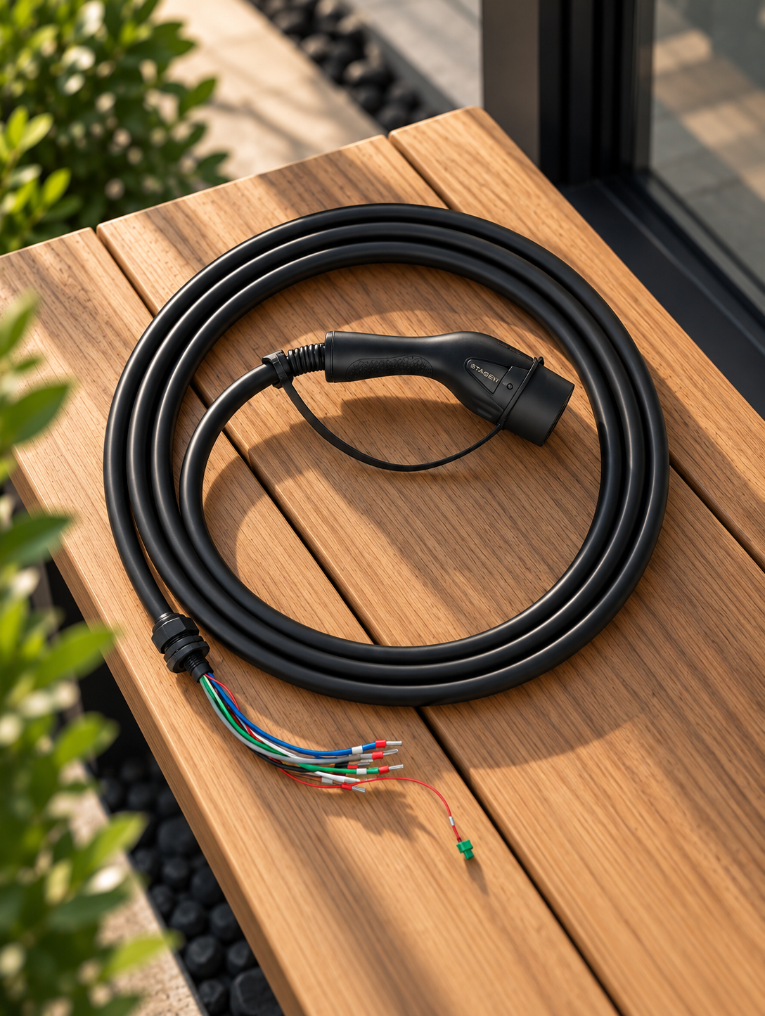 Kabel ładowania pojazdu elektrycznego na drewnianym podłożu