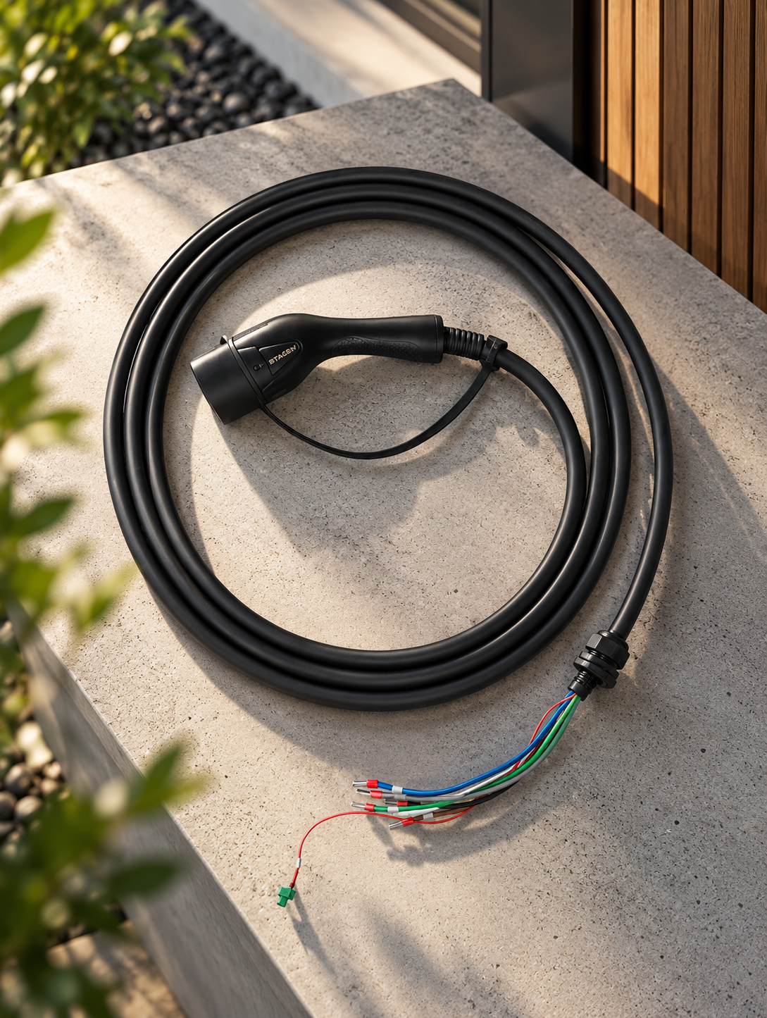 Kabel ładowania pojazdu elektrycznego na betonie